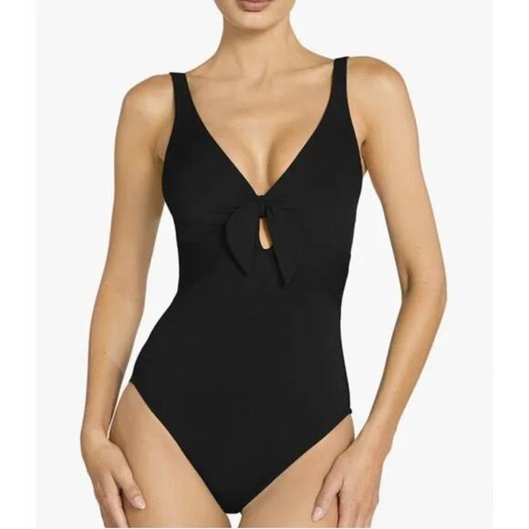 NWT Robin Piconne Ava Tie Front One Piece Swimsuit Women's Black Size 10 - Picture 1 of 5